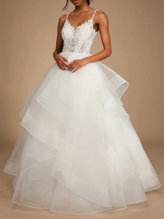 Lulus Dresses & Skirts - Lulu's White Lace Bodice Organza Ball Gown Wedding Dress